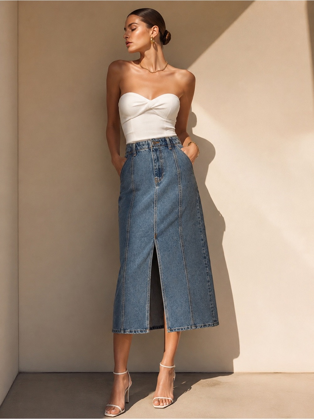 Velvet Heart NIKKIE High Waist Denim Midi Skirt Slit Blue 28W NWT